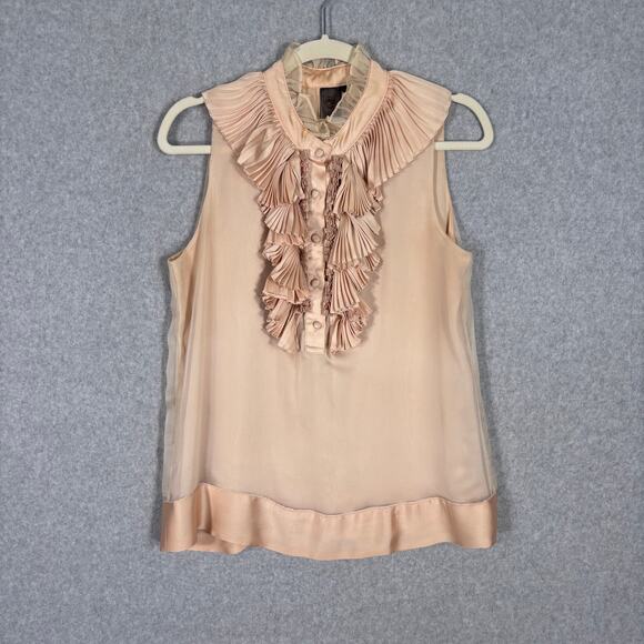 Forever 21 Blouse Medium Tan Satin Ruffle Tuxedo Bib Neutral Siren‎ Quiet Glam - Picture 1 of 13